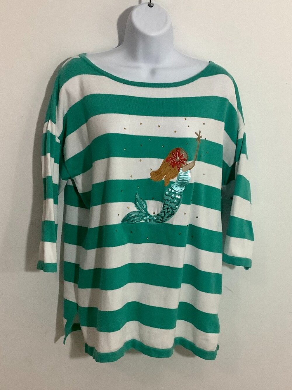 Top Tropical Mermaid Design LG.  Applique Sequins White/Green  3/4 Sleeve Cotton